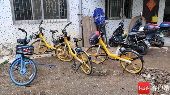海口美华苑小区停放多辆共享单车，个别车辆被挪为私用。