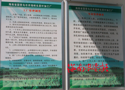 乌石农场岭头茶叶加工厂制定十项管理制度